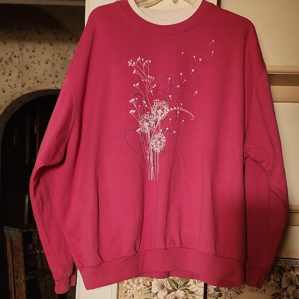 Top Stitch By Morning Sun Vibrant Pink Crewneck  with Dandelion Graphic